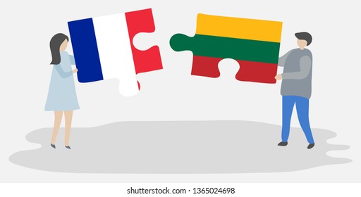 Couple holding two puzzles pieces with French and Lithuanian flags. France and Lithuania national symbols together.