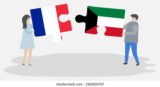 Couple holding two puzzles pieces with French and Kuwaiti flags. France and Kuwait national symbols together.