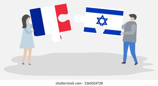 Couple holding two puzzles pieces with French and Israeli flags. France and Israel national symbols together.