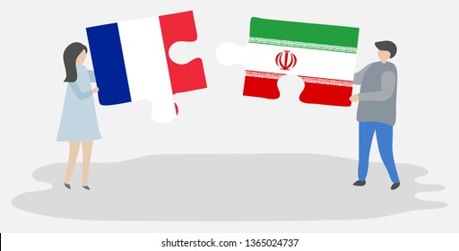 Couple holding two puzzles pieces with French and Iranian flags. France and Iran national symbols together.