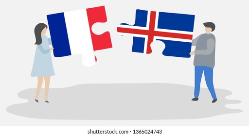 Couple holding two puzzles pieces with French and Icelandic flags. France and Iceland national symbols together.