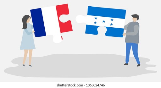 Couple holding two puzzles pieces with French and Honduran flags. France and Honduras national symbols together.