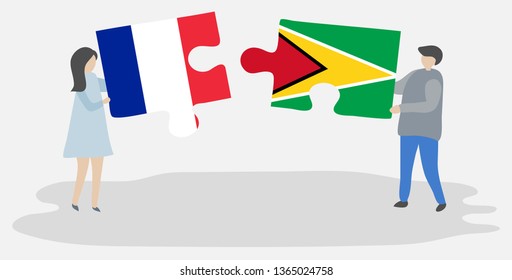 Couple holding two puzzles pieces with French and Guyanese flags. France and Guyana national symbols together.