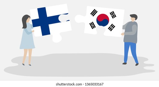 Couple holding two puzzles pieces with Finnish and South Korean flags. Finland and South Korea national symbols together.