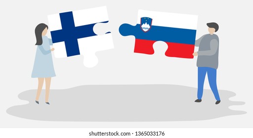 Couple holding two puzzles pieces with Finnish and Slovenian flags. Finland and Slovenia national symbols together.