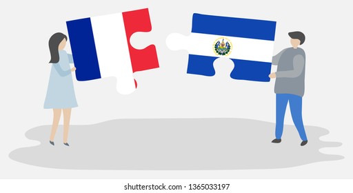 Couple holding two puzzles pieces with French and Salvadoran flags. France and El Salvador national symbols together.