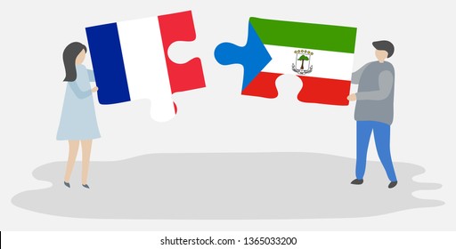 Couple holding two puzzles pieces with French and Equatorial Guinean flags. France and Equatorial Guinea national symbols together.