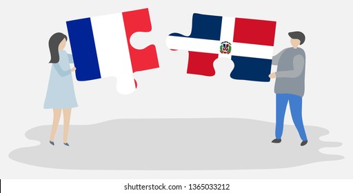 Couple holding two puzzles pieces with French and Dominican flags. France and Dominican Republic national symbols together.