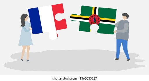 Couple holding two puzzles pieces with French and Dominican flags. France and Dominica national symbols together.