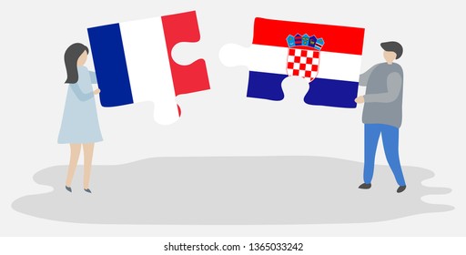 Couple holding two puzzles pieces with French and Croatian flags. France and Croatia national symbols together.