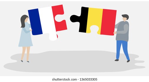 Couple holding two puzzles pieces with French and Belgian flags. France and Belgium national symbols together.