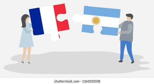 Couple holding two puzzles pieces with French and Argentinian flags. France and Argentina national symbols together.