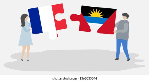 Couple holding two puzzles pieces with French and Antiguan flags. France and Antigua and Barbuda national symbols together.