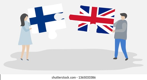 Couple holding two puzzles pieces with Finnish and British flags. Finland and United Kingdom national symbols together.