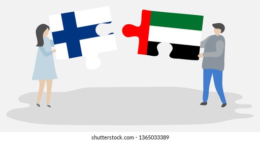 Couple holding two puzzles pieces with Finnish and Emirian flags. Finland and United Arab Emirates national symbols together.