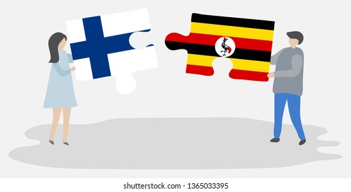 Couple holding two puzzles pieces with Finnish and Ugandan flags. Finland and Uganda national symbols together.