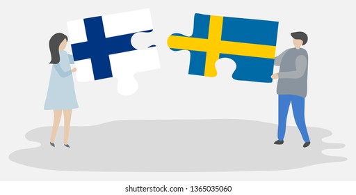 Couple holding two puzzles pieces with Finnish and Swedish flags. Finland and Sweden national symbols together.