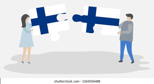 Couple holding two puzzles pieces with Finnish and Finnish flags. Finland and Finland national symbols together.