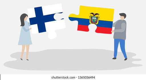 Couple holding two puzzles pieces with Finnish and Ecuadorian flags. Finland and Ecuador national symbols together.