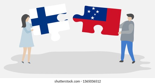 Couple holding two puzzles pieces with Finnish and Samoan flags. Finland and Samoa national symbols together.