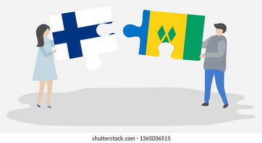Couple holding two puzzles pieces with Finnish and Vincentian flags. Finland and Saint Vincent and the Grenadines national symbols together.