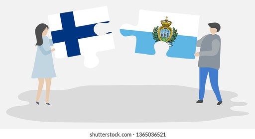 Couple holding two puzzles pieces with Finnish and Sammarinese flags. Finland and San Marino national symbols together.