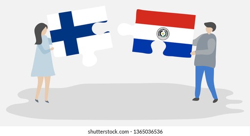 Couple holding two puzzles pieces with Finnish and Paraguayan flags. Finland and Paraguay national symbols together.