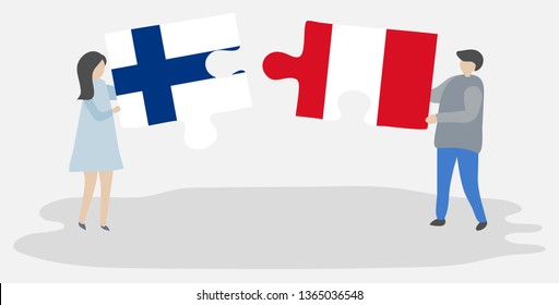Couple holding two puzzles pieces with Finnish and Peruvian flags. Finland and Peru national symbols together.