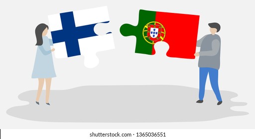 Couple holding two puzzles pieces with Finnish and Portuguese flags. Finland and Portugal national symbols together.