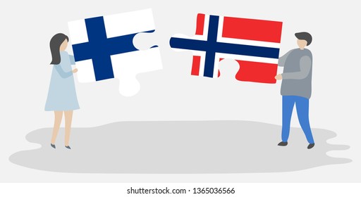 Couple holding two puzzles pieces with Finnish and Norwegian flags. Finland and Norway national symbols together.