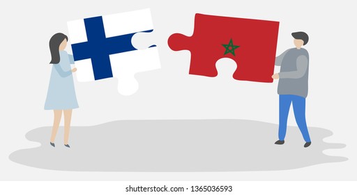 Couple holding two puzzles pieces with Finnish and Moroccan flags. Finland and Morocco national symbols together.