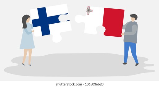 Couple holding two puzzles pieces with Finnish and Maltese flags. Finland and Malta national symbols together.