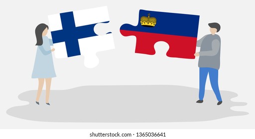 Couple holding two puzzles pieces with Finnish and Liechtenstein flags. Finland and Liechtenstein national symbols together.