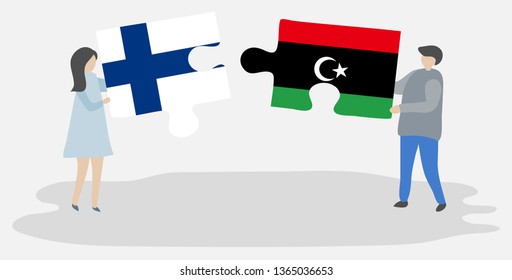 Couple holding two puzzles pieces with Finnish and Libyan flags. Finland and Libya national symbols together.