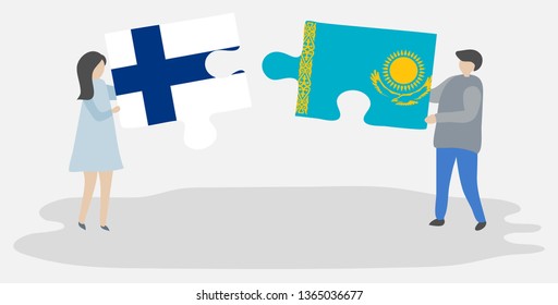 Couple holding two puzzles pieces with Finnish and Kazakh flags. Finland and Kazakhstan national symbols together.