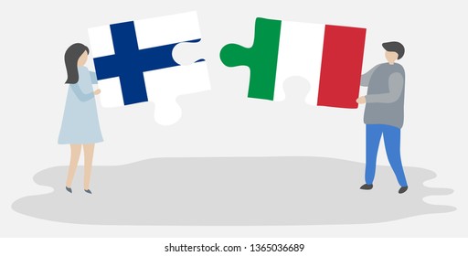 Couple holding two puzzles pieces with Finnish and Italian flags. Finland and Italy national symbols together.