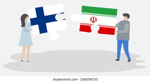 Couple holding two puzzles pieces with Finnish and Iranian flags. Finland and Iran national symbols together.