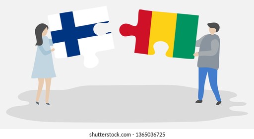 Couple holding two puzzles pieces with Finnish and Guinean flags. Finland and Guinea national symbols together.