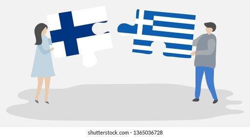Couple holding two puzzles pieces with Finnish and Greek flags. Finland and Greece national symbols together.