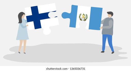 Couple holding two puzzles pieces with Finnish and Guatemalan flags. Finland and Guatemala national symbols together.