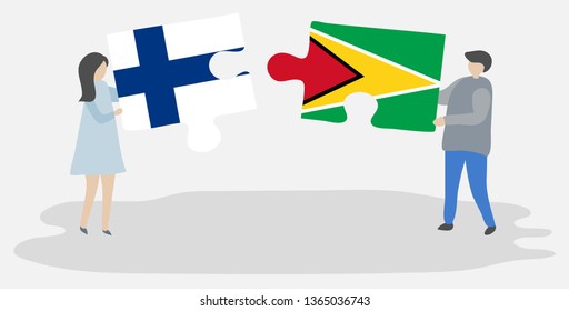 Couple holding two puzzles pieces with Finnish and Guyanese flags. Finland and Guyana national symbols together.