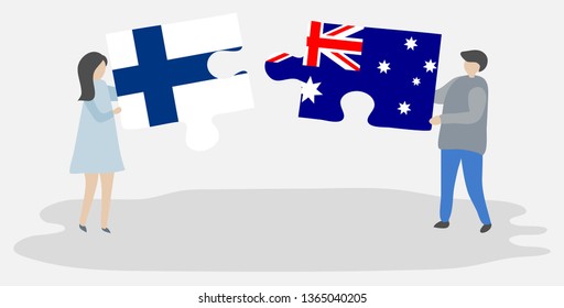 Couple holding two puzzles pieces with Finnish and Australian flags. Finland and Australia national symbols together.