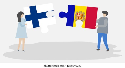 Couple holding two puzzles pieces with Finnish and Andorran flags. Finland and Andorra national symbols together.