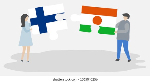 Couple holding two puzzles pieces with Finnish and Nigerien flags. Finland and Niger national symbols together.