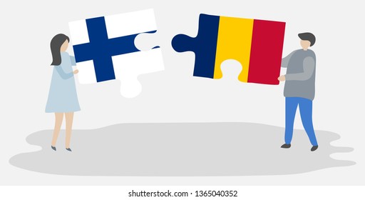 Couple holding two puzzles pieces with Finnish and Chadian flags. Finland and Chad national symbols together.