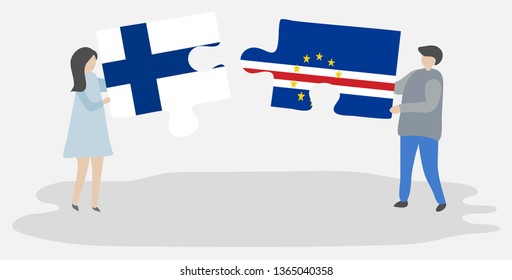 Couple holding two puzzles pieces with Finnish and Cabo Verdean flags. Finland and Cape Verde national symbols together.