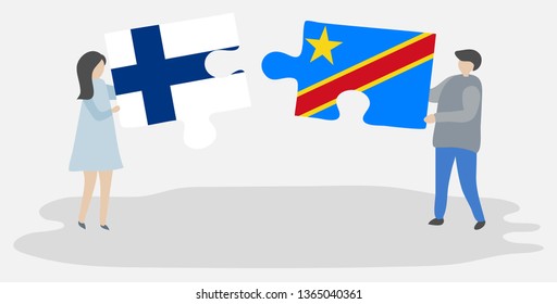 Couple holding two puzzles pieces with Finnish and Congolese flags. Finland and Democratic Republic of the Congo national symbols together.