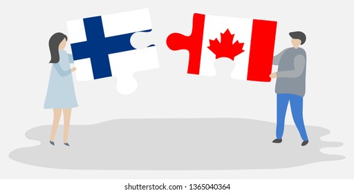 Couple holding two puzzles pieces with Finnish and Canadian flags. Finland and Canada national symbols together.