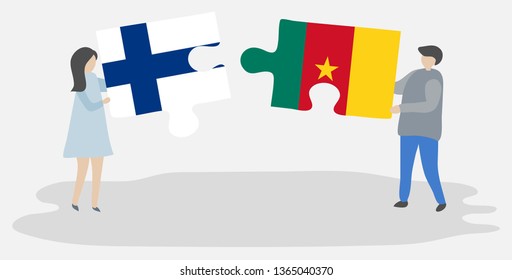 Couple holding two puzzles pieces with Finnish and Cameroonian flags. Finland and Cameroon national symbols together.