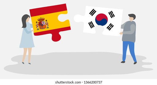 Couple holding two puzzles pieces with Spanish and South Korean flags. Spain and South Korea national symbols together.
